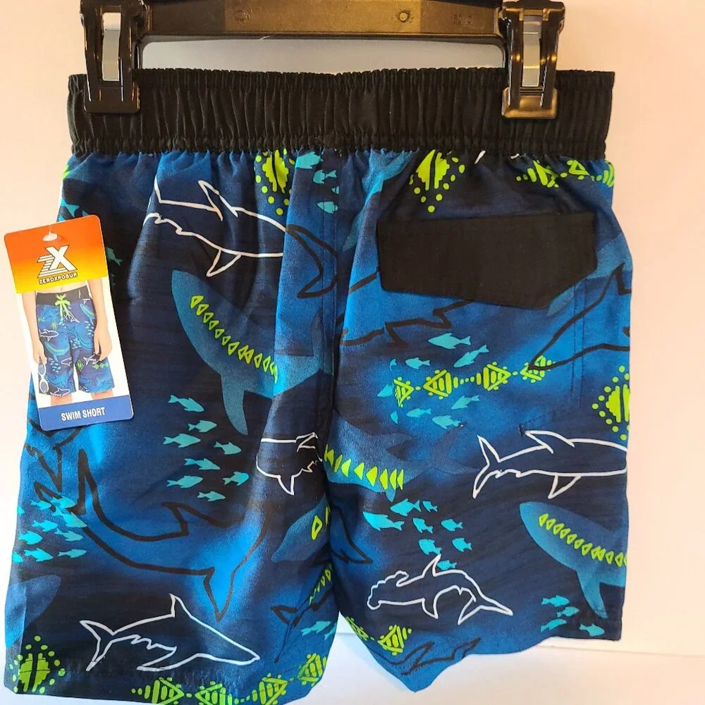 ZEROXPOSUR SWIM SHORTS & GOGGLES-UPF50+-TEAL SHARK MOTIF-SIZE 6/7